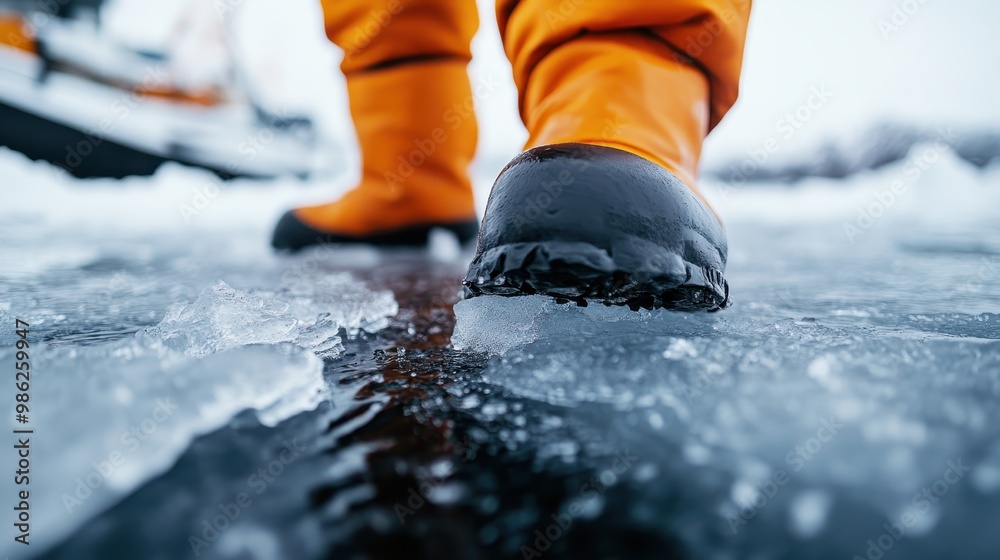 A close-up of someone wearing orange boots stepping on a frozen icy surface, capturing the essence of winter adventure, cold weather, and outdoor exploration.