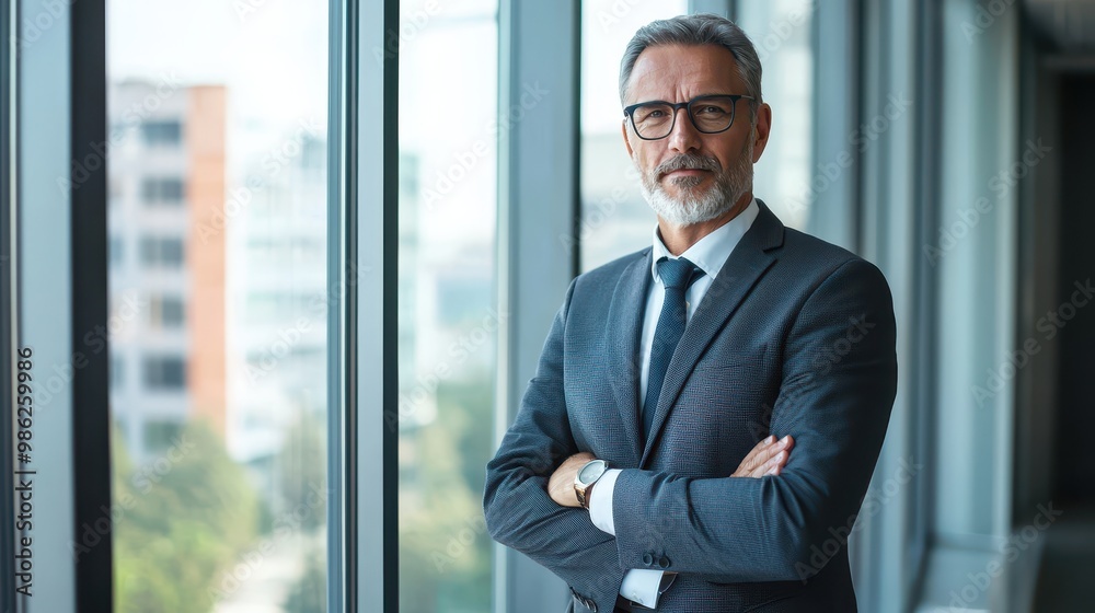 Senior executive in a formal suit, standing by a large office window, looking at the camera.