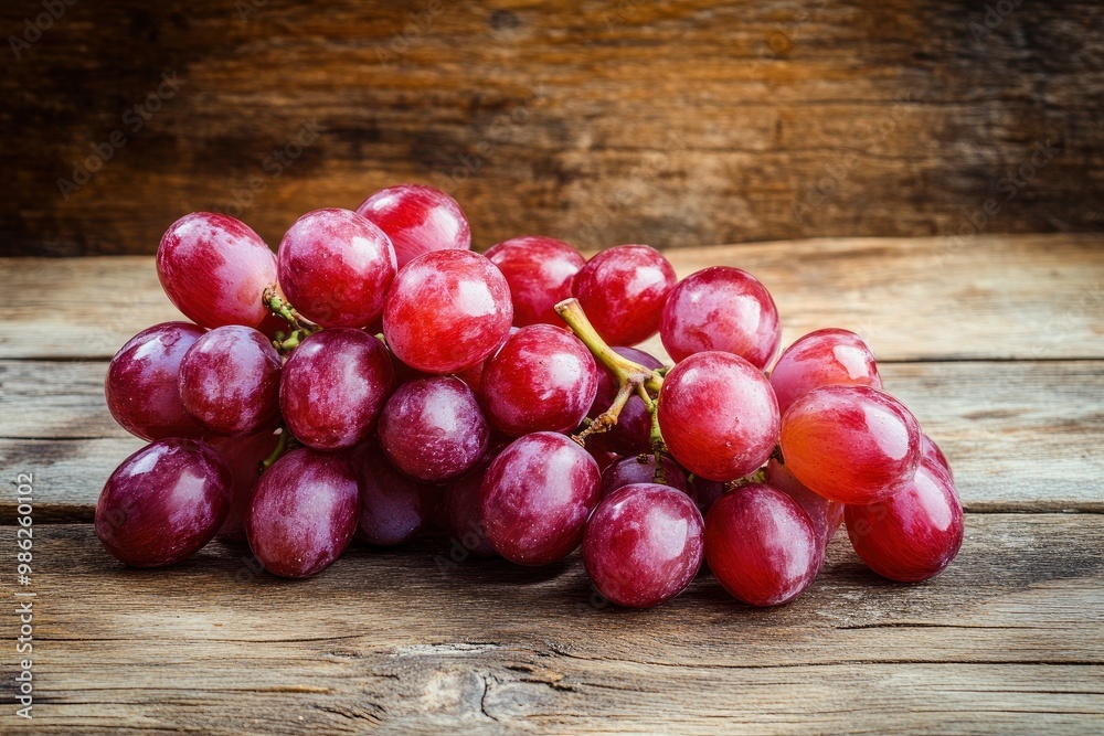 Red Grapes on a wooden background. A cluster of ripe fresh grapes on a wooden table. with generative ai Red Grapes on a wooden background. A cluster of ripe fresh grapes on a wooden table. with generative ai