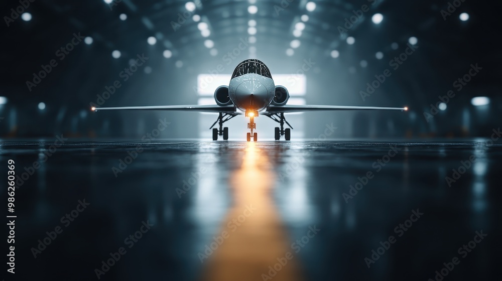 An airplane stationed inside a large hangar, illuminated by dramatic lighting, with reflections on the wet floor creating a bold and atmospheric scene. An airplane stationed inside a large hangar, illuminated by dramatic lighting, with reflections on the wet floor creating a bold and atmospheric scene.