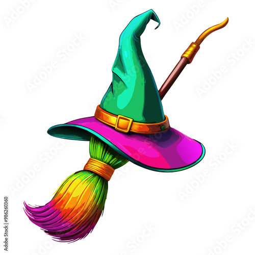 Witch Hat and Broomstick in Vibrant Colors - Halloween Illustration