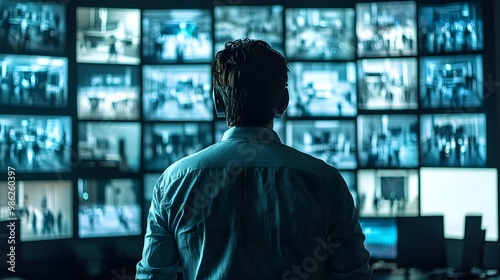 Security Officer Monitoring CCTV Footage in Control Room for Business Surveillance