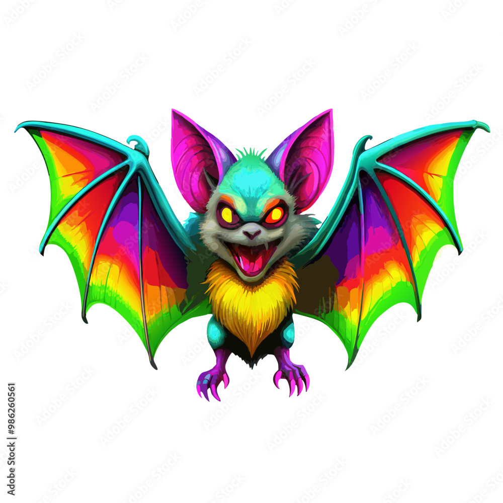 Rainbow Bat with Glowing Eyes in Fantasy Illustration Rainbow Bat with Glowing Eyes in Fantasy Illustration
