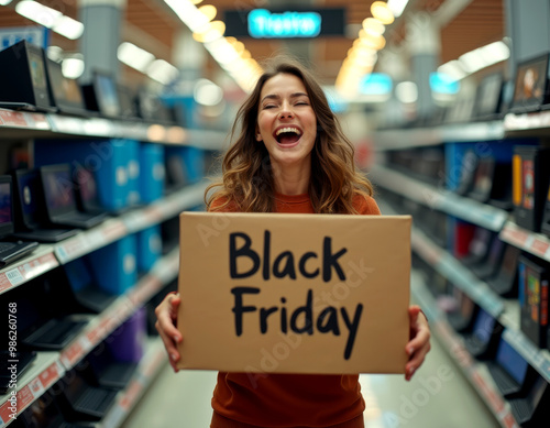 Overjoyed woman celebrates Black Friday with huge gift box, radiating pure delight photo