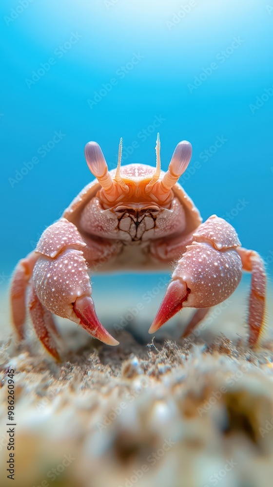 A crab is standing on a sandy beach with its claws outstretched A crab is standing on a sandy beach with its claws outstretched