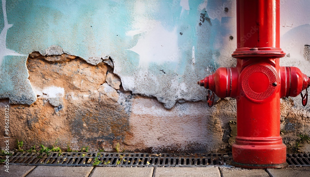 A vibrant red fire hydrant stands against a textured wall featuring peeling paint and weathered bricks, showcasing urban decay and resilience. A vibrant red fire hydrant stands against a textured wall featuring peeling paint and weathered bricks, showcasing urban decay and resilience.