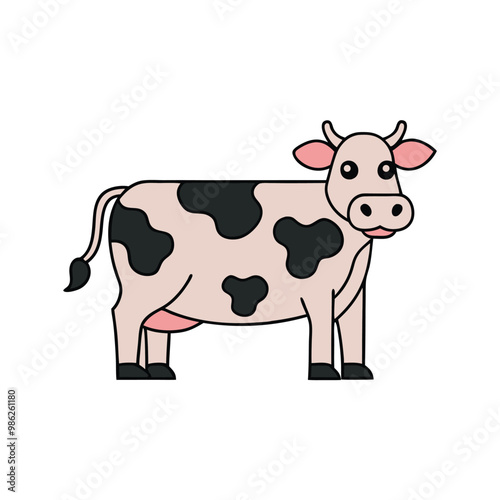 Charming flat cartoon cow in soft colors, featuring bold shapes and a modern minimalist design.