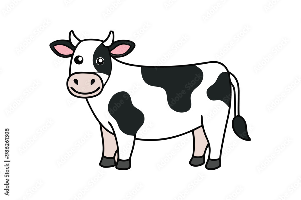 Fototapeta premium Charming flat cartoon cow in soft colors, featuring bold shapes and a modern minimalist design.