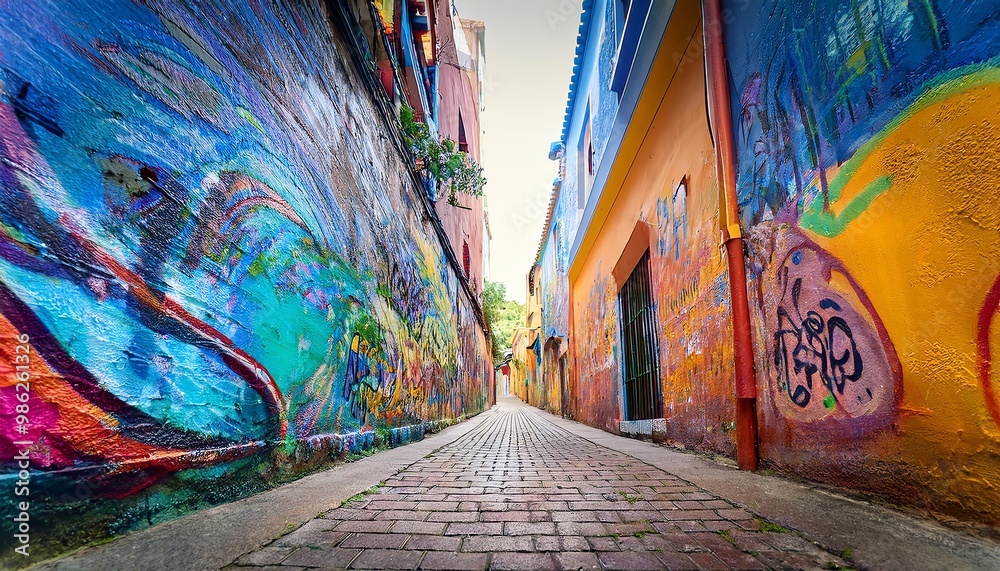 Fototapeta premium A vibrant alleyway adorned with colorful street art, leading towards a bright light at the end, showcasing urban creativity.