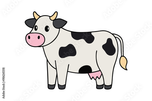 Charming flat cartoon cow in soft colors, featuring bold shapes and a modern minimalist design.