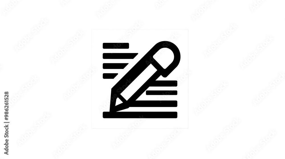 A simple black and white pencil on paper icon with writing lines, set on a transparent background. A simple black and white pencil on paper icon with writing lines, set on a transparent background.
