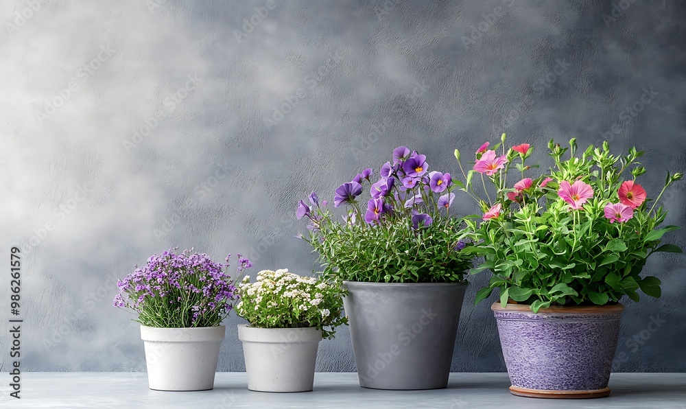 Blooming Flowers in Pots Against a Gray Wall Blooming Flowers in Pots Against a Gray Wall