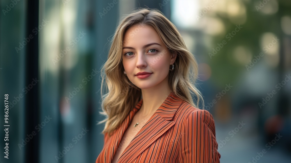Fototapeta premium Successful Young Woman in Corporate Attire Standing in Downtown Business Area Symbolizing Leadership, Success and Modern Work Life