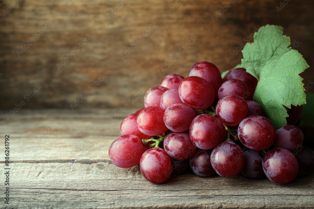 Red Grapes on a wooden background. A cluster of ripe fresh grapes on a wooden table. with generative ai