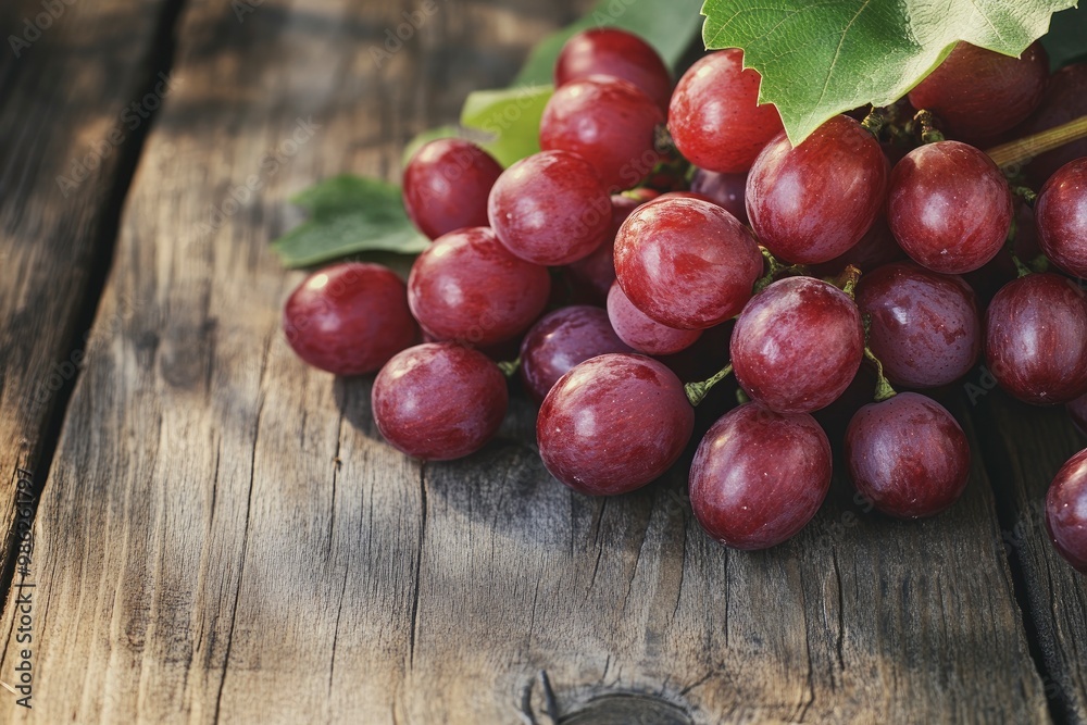Red Grapes on a wooden background. A cluster of ripe fresh grapes on a wooden table. with generative ai Red Grapes on a wooden background. A cluster of ripe fresh grapes on a wooden table. with generative ai