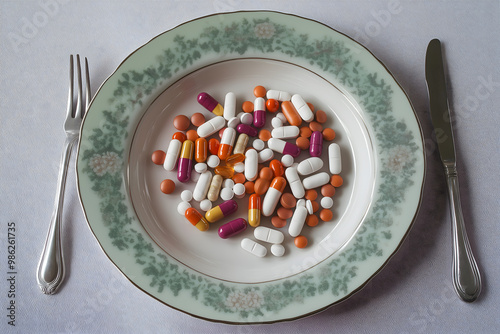 A dinner plate filled with pills instead of food, showing how medicine is being overconsumed as if it were a daily necessity photo