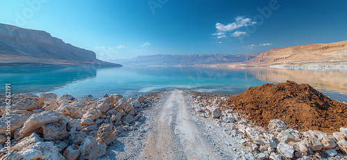 Scenic dirt road leading to a clear blue lake surrounded by rocky desert landscape
 photo