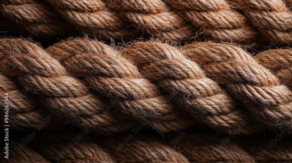 This photo offers a detailed view of a thick, neatly coiled braided rope, its intertwined fibers prominently visible, conveying strength and durability, set against a shadowed background for contrast