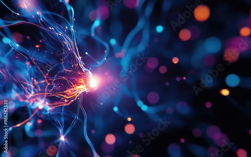 Vibrant abstract neural connections with glowing particles on a dark background, representing energy and technology.