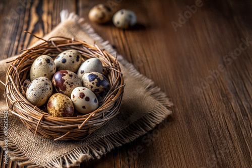 Wallpaper Mural A woven basket filled with speckled quail eggs, placed on a rustic burlap cloth. The warm wooden tones and natural textures evoke a cozy, farmhouse atmosphere, perfect for a country kitchen setting. Torontodigital.ca