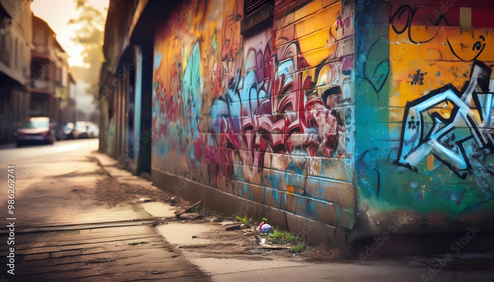 Fototapeta premium A vibrant alleyway featuring a colorful graffiti-covered wall, showcasing urban art amidst a tranquil, sunlit atmosphere.