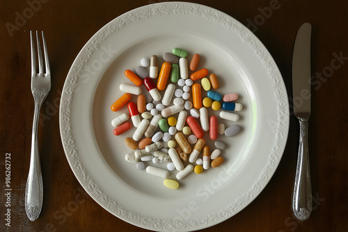 A dinner plate filled with pills instead of food, showing how medicine is being overconsumed as if it were a daily necessity photo