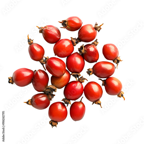 Vibrant red rose hips on transparent background for natural health concepts