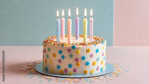 Pastel birthday cake with colorful frosting swirls, star-shaped sprinkles, lit candles, and soft gradient background, celebratory and dreamy vibe, generative ai