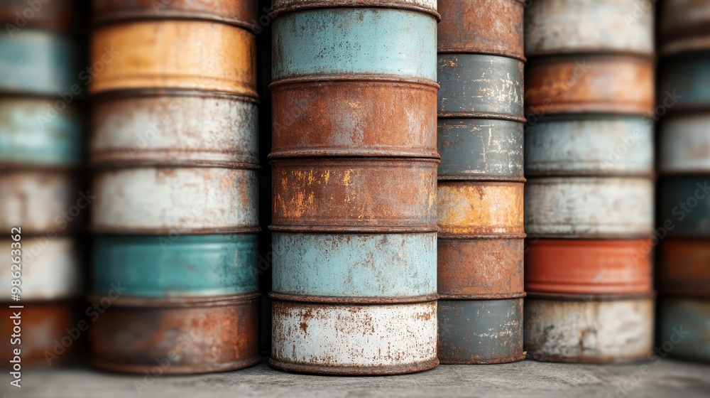 A diverse collection of rusty barrels in various colors, displaying a worn and textured look, depicting the beauty of decay and the passage of time in an industrial context. A diverse collection of rusty barrels in various colors, displaying a worn and textured look, depicting the beauty of decay and the passage of time in an industrial context.