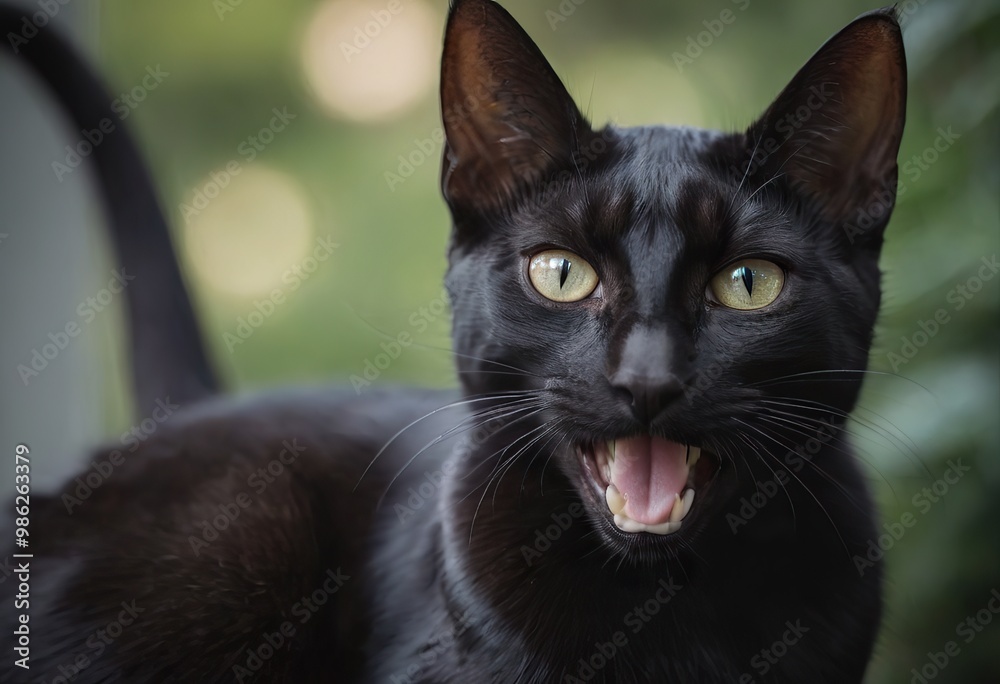 A sleek, black cat with striking yellow eyes is standing on a stone ledge A sleek, black cat with striking yellow eyes is standing on a stone ledge