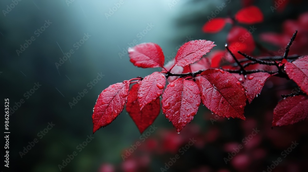 Red leaves dripping with rain hang delicately from a branch, set against a misty and blurred natural background, capturing the essence of a peaceful, rainy day. Red leaves dripping with rain hang delicately from a branch, set against a misty and blurred natural background, capturing the essence of a peaceful, rainy day.