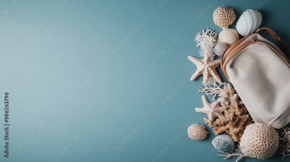 A collection of various seashells, starfish, and white coral intricately arranged beside a stylish beach bag against a serene blue backdrop. A collection of various seashells, starfish, and white coral intricately arranged beside a stylish beach bag against a serene blue backdrop.