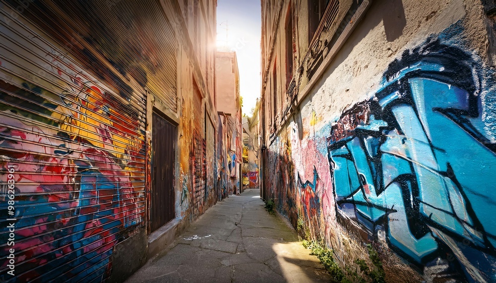 Obraz premium A vibrant alleyway adorned with colorful graffiti, illuminated by sunlight, showcasing urban art and a sense of creativity in a city setting.