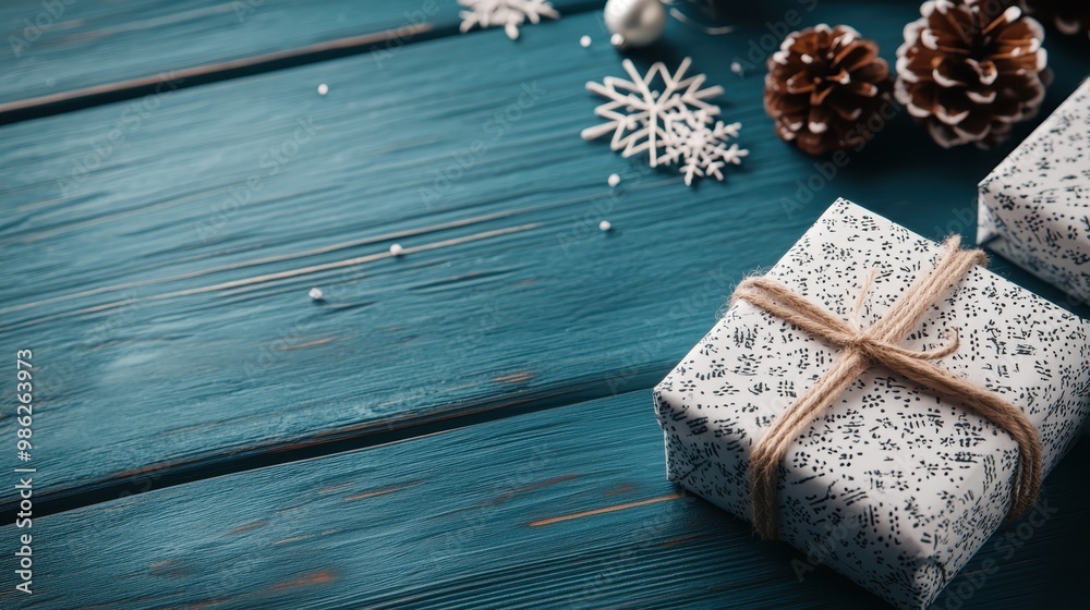 Multiple gift boxes tied with twine are displayed on a blue wooden surface, surrounded by pinecones and snowflake decorations, showcasing a festive and celebratory mood. Multiple gift boxes tied with twine are displayed on a blue wooden surface, surrounded by pinecones and snowflake decorations, showcasing a festive and celebratory mood.
