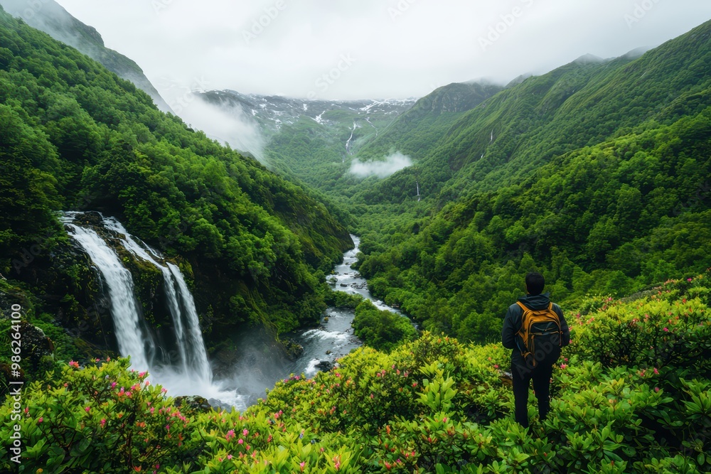 A person standing on a mountain overlooking a lush green valley and waterfall under cloudy sky. A person standing on a mountain overlooking a lush green valley and waterfall under cloudy sky.