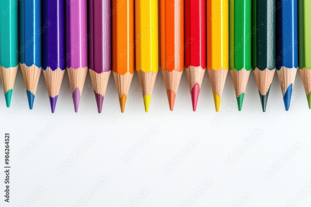 A vibrant array of colored pencils lined up on a white background, showcasing a spectrum of colors. A vibrant array of colored pencils lined up on a white background, showcasing a spectrum of colors.