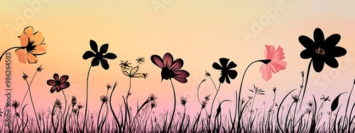 Silhouette of Flowers and Grass Against a Pink and Orange Sunset