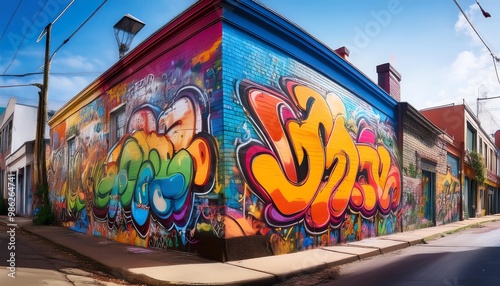 A vibrant wall covered in colorful graffiti art showcases urban creativity and street culture, brightening the surrounding neighborhood.