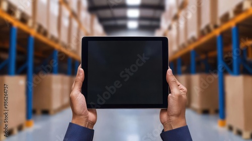 Close-up of a warehouse manager s tablet displaying low-stock alerts and reordering suggestions, symbolizing proactive inventory management Low-stock alert, Reordering system photo