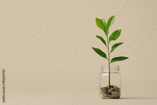 A young plant growing from coins in a jar, symbolizing growth and investment on a neutral backdrop.