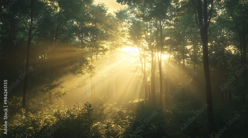 Sunbeams Illuminating a Foggy Forest Sunbeams Illuminating a Foggy Forest