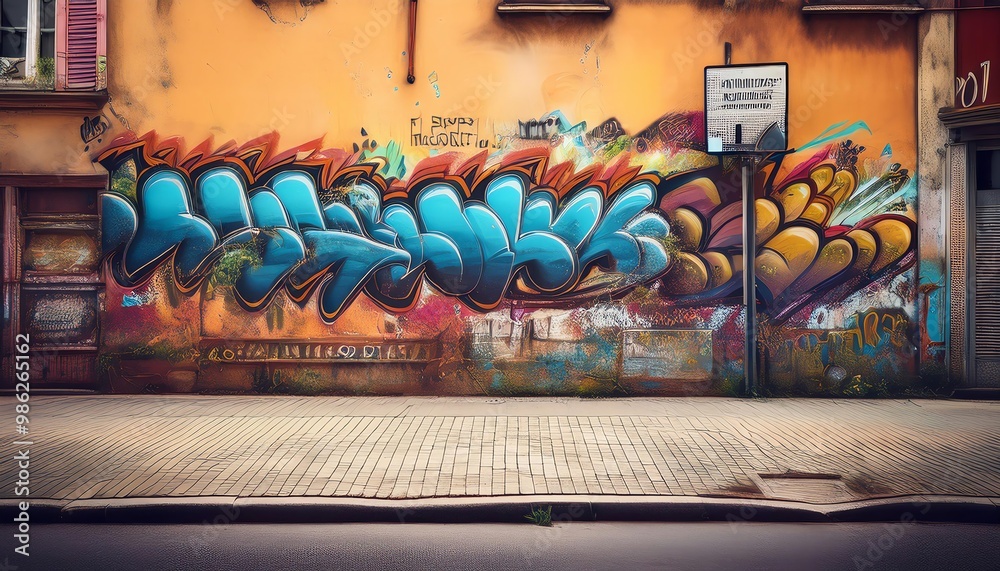 A vibrant street art mural featuring colorful graffiti on a textured orange wall, showcasing fluid shapes and dynamic lettering.