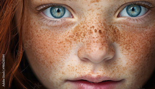 A detailed close-up of a young girl with striking blue eyes and freckles, emphasizing the natural beauty and innocence in her gaze.