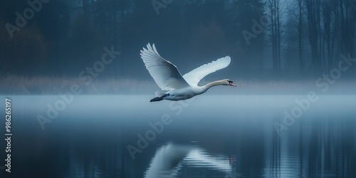 Majestic swan gracefully glides over misty lake under twilight sky
 photo