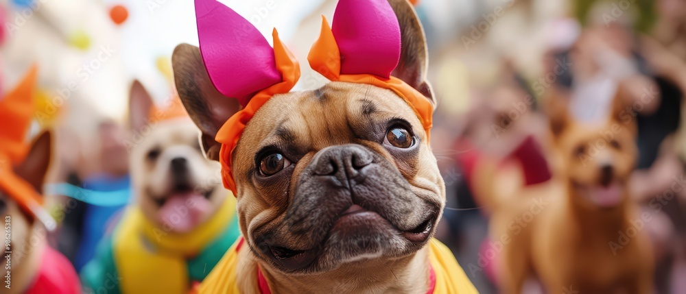Cheerful French bulldog in costume at a lively parade, surrounded by other playful dogs. Cheerful French bulldog in costume at a lively parade, surrounded by other playful dogs.