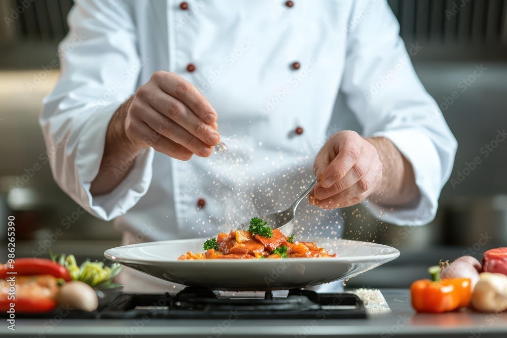 Chef garnishing a plate of pasta with herbs and spices in a modern kitchen. Chef garnishing a plate of pasta with herbs and spices in a modern kitchen.