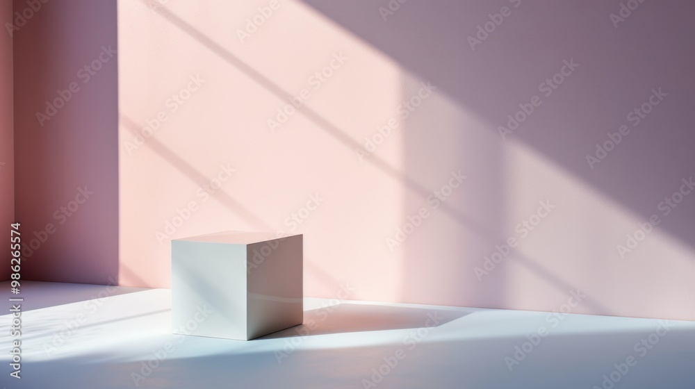 A single white cube is placed in a sunlit room with pink walls, casting soft shadows that create a serene and minimalist aesthetic. A single white cube is placed in a sunlit room with pink walls, casting soft shadows that create a serene and minimalist aesthetic.