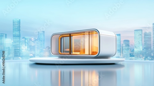 Futuristic self driving hover car floating above the city skyline at sunset photo