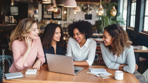 Four women laughing and collaborating around a laptop in a cozy cafe, emphasizing friendship and teamwork.