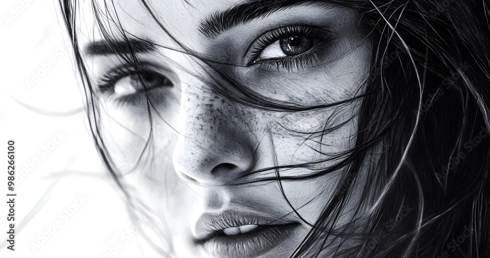 Fototapeta premium A black and white illustration of a woman's head with flowing hair, as if caught by a gentle breeze. A sense of quiet elegance and timeless grace, a subtle balance between strength and softness.